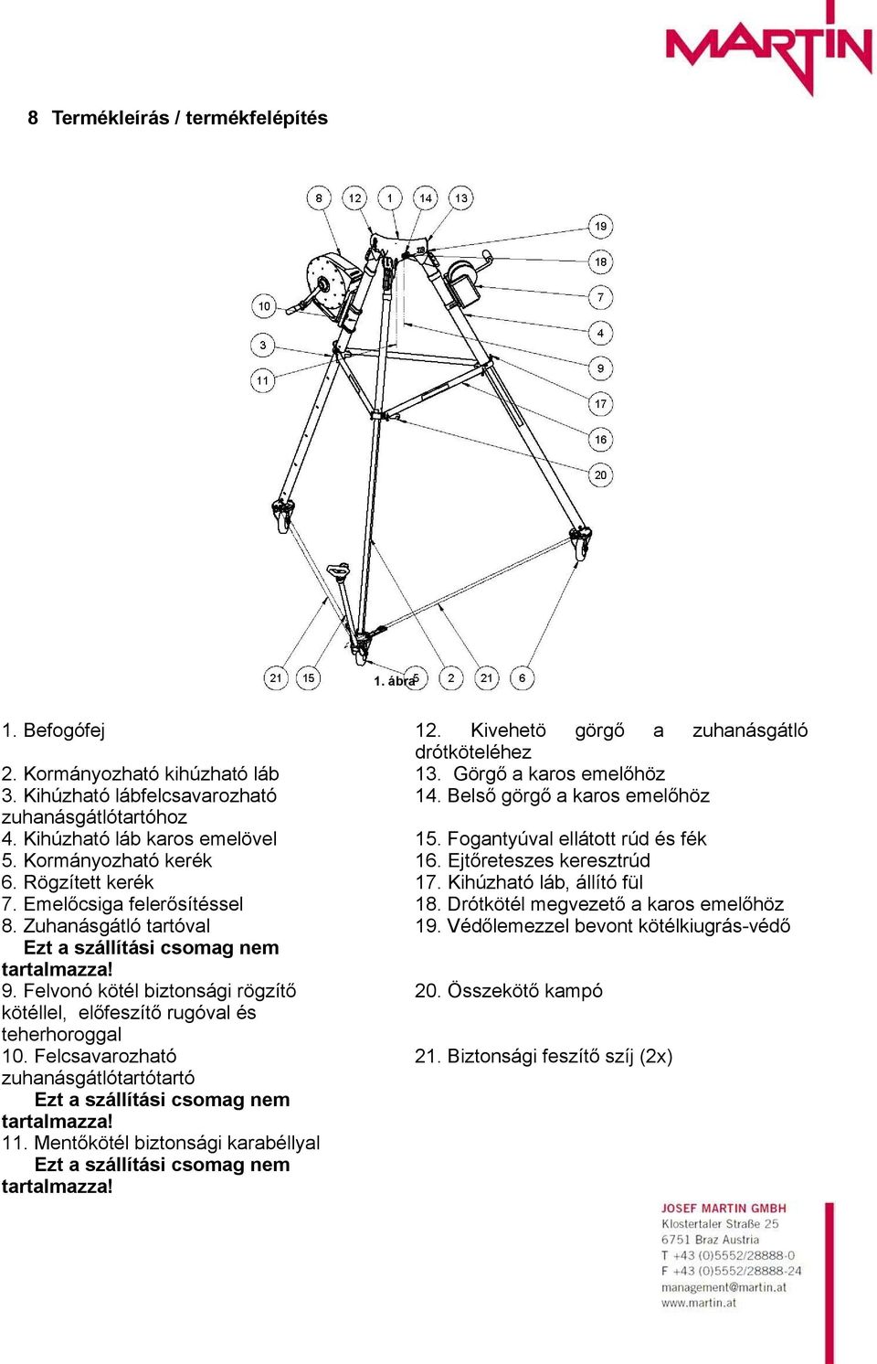 Kihúzható láb, állító fül 7. Emelőcsiga felerősítéssel 18. Drótkötél megvezető a karos emelőhöz 8. Zuhanásgátló tartóval 19.