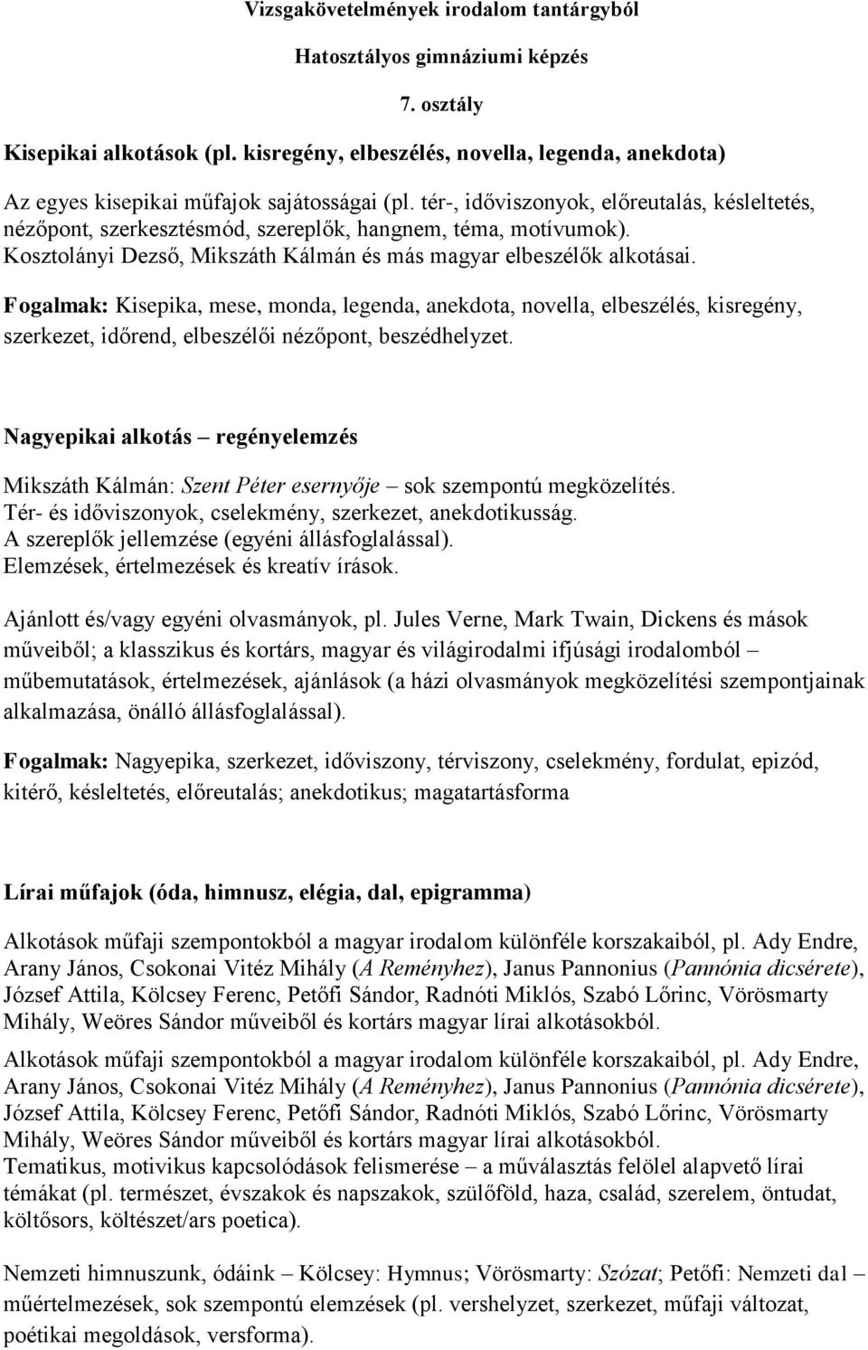 tér-, időviszonyok, előreutalás, késleltetés, nézőpont, szerkesztésmód, szereplők, hangnem, téma, motívumok). Kosztolányi Dezső, Mikszáth Kálmán és más magyar elbeszélők alkotásai.