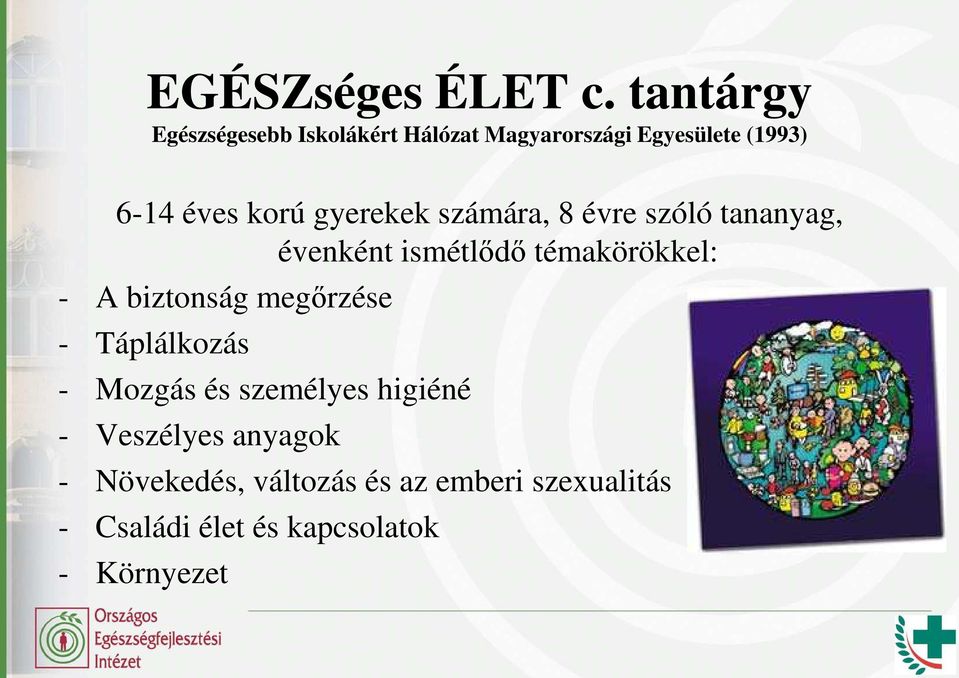 gyerekek számára, 8 évre szóló tananyag, évenként ismétlıdı témakörökkel: - A biztonság