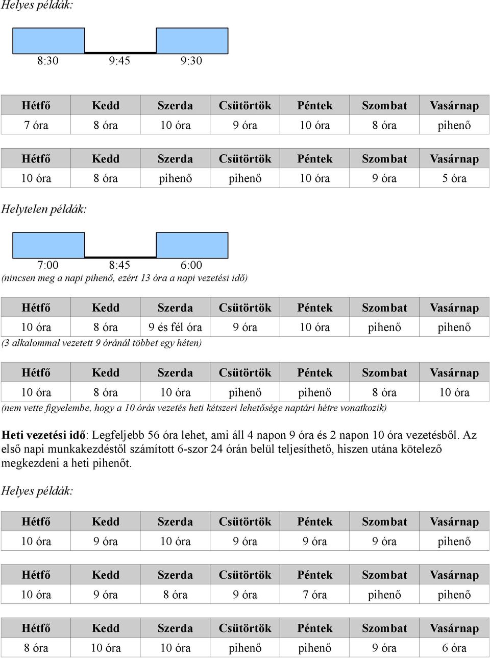 kétszeri lehetősége naptári hétre vonatkozik) Heti vezetési idő: Legfeljebb 56 óra lehet, ami áll 4 napon 9 óra és 2 napon 10 óra vezetésből.