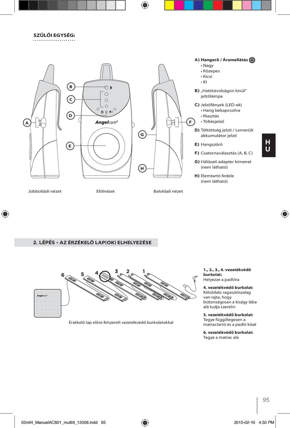 LÉPÉS - AZ ÉRZÉKELŐ LAP(OK) ELELYEZÉSE 6 5 4 3 2 1 1., 2., 3., 4. vezetékvédő burkolat: elyezze a padlóra Érzékelő lap előre felszerelt vezetékvédő burkolatokkal 4.