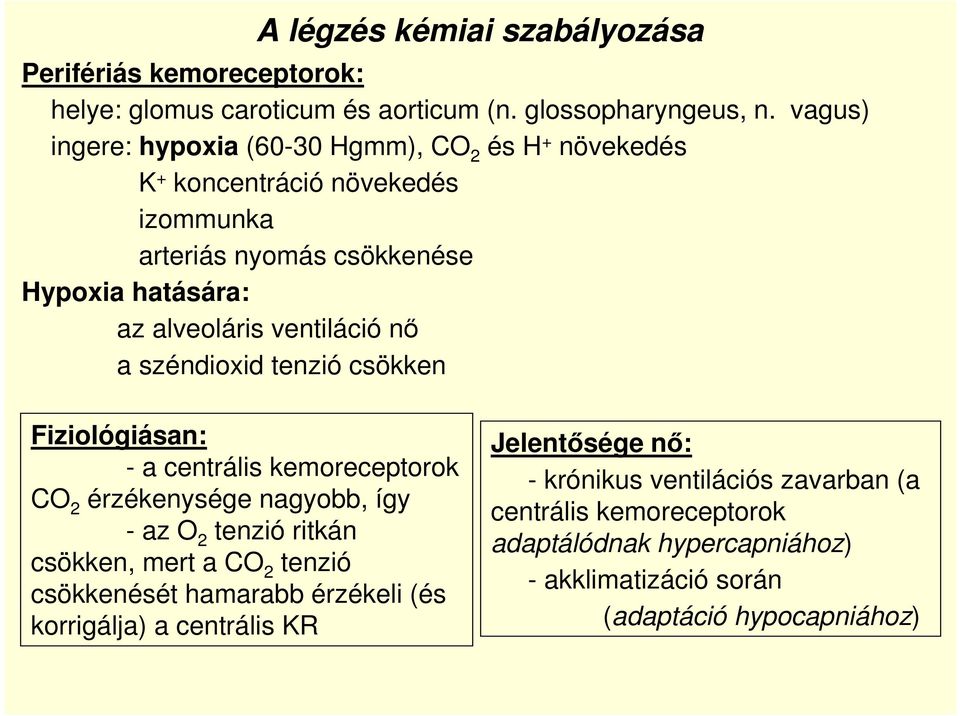 ventiláció nı a széndioxid tenzió csökken Fiziológiásan: - a centrális kemoreceptorok CO 2 érzékenysége nagyobb, így - az O 2 tenzió ritkán csökken, mert a CO 2