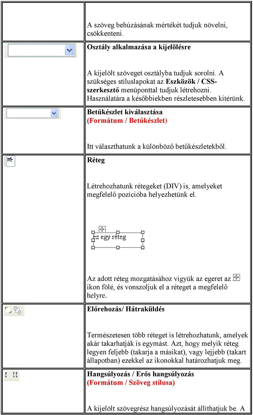 Betűkészlet kiválasztása (Formátum / Betűkészlet) Itt választhatunk a különböző betűkészletekből. Réteg Létrehozhatunk rétegeket (DIV) is, amelyeket megfelelő pozícióba helyezhetünk el.