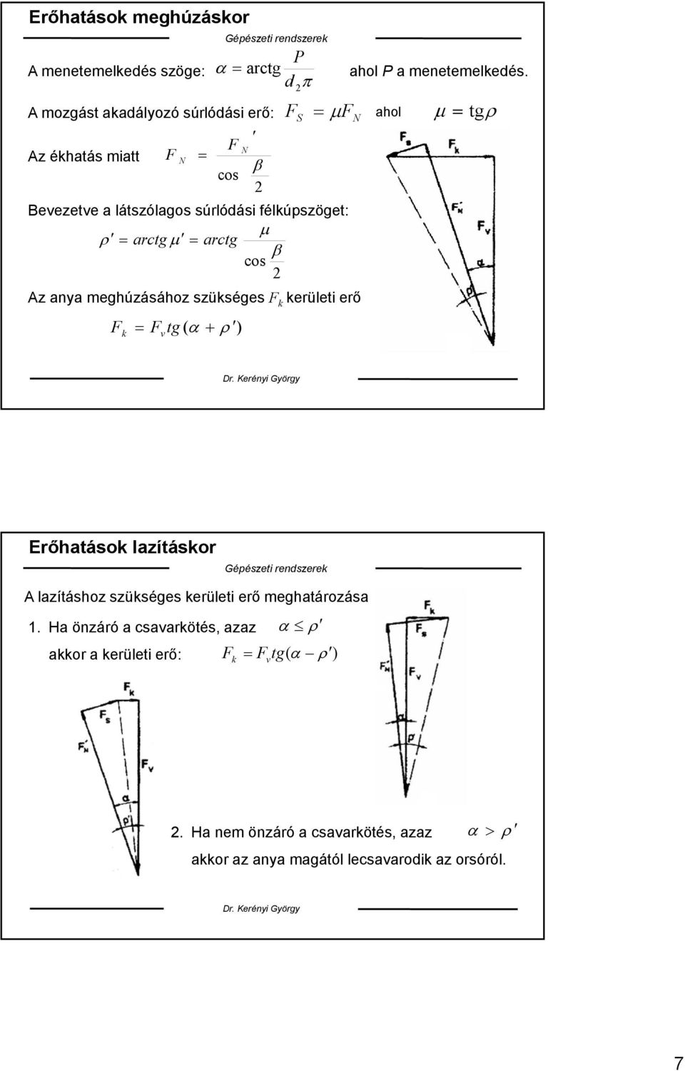arctg cos Az anya meghúzásához szükséges F k kerületi erő F k F tg ( ) v Erőhatások lazításkor A lazításhoz szükséges kerületi