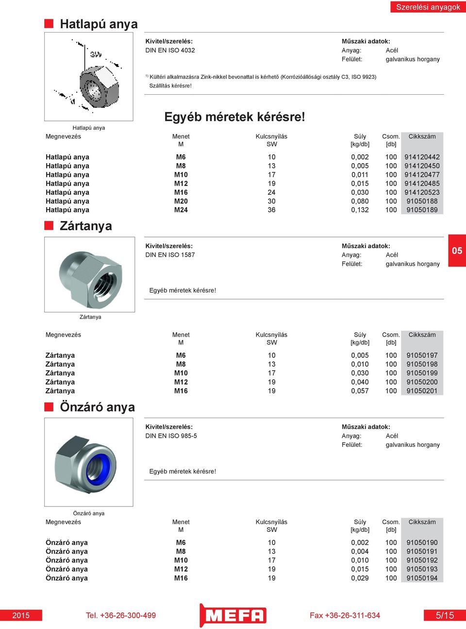 Cikkszám M SW [kg/db] [db] Hatlapú anya M6 10 0,002 100 914120442 Hatlapú anya M8 13 0,0 100 914120450 Hatlapú anya M10 17 0,011 100 914120477 Hatlapú anya M12 19 0,015 100 914120485 Hatlapú anya M16