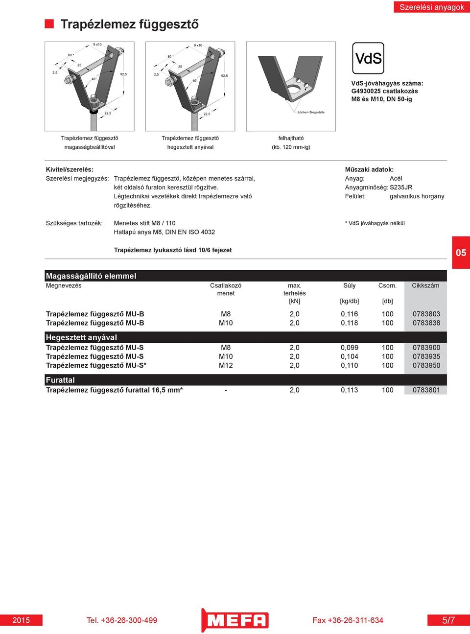 Anyagminőség: S235JR Légtechnikai vezetékek direkt trapézlemezre való Felület: galvanikus horgany rögzítéséhez.