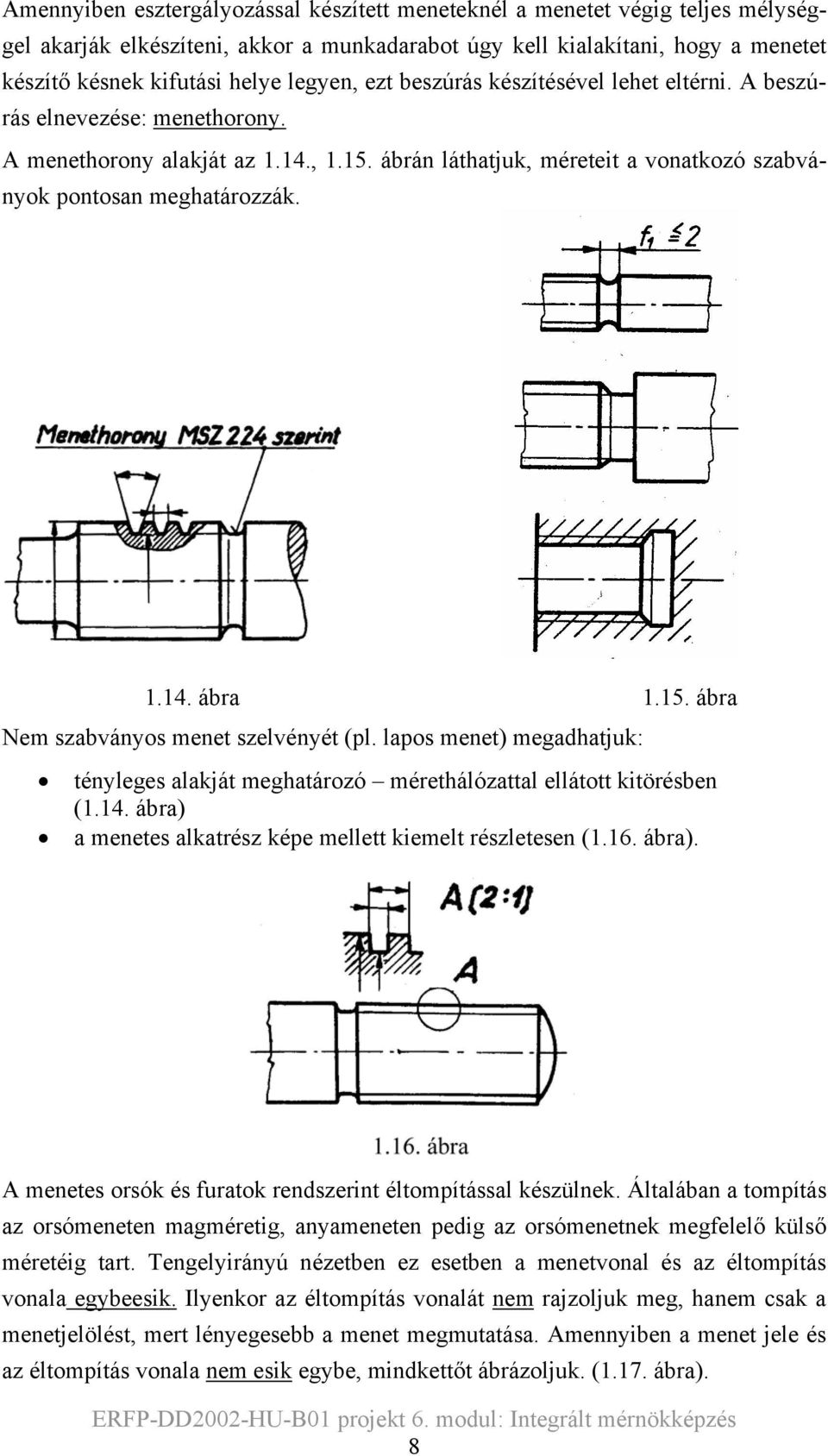 15. ábra Nem szabványos menet szelvényét (pl. lapos menet) megadhatjuk: tényleges alakját meghatározó mérethálózattal ellátott kitörésben (1.14.