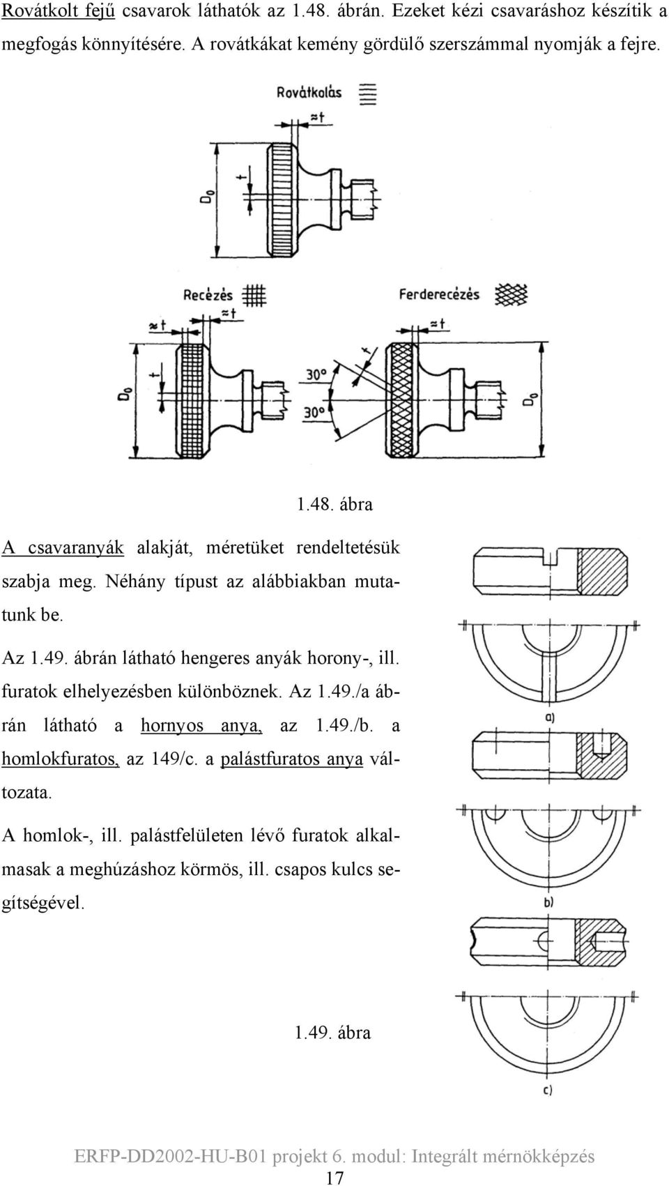 Néhány típust az alábbiakban mutatunk be. Az 1.49. ábrán látható hengeres anyák horony-, ill. furatok elhelyezésben különböznek. Az 1.49./a ábrán látható a hornyos anya, az 1.