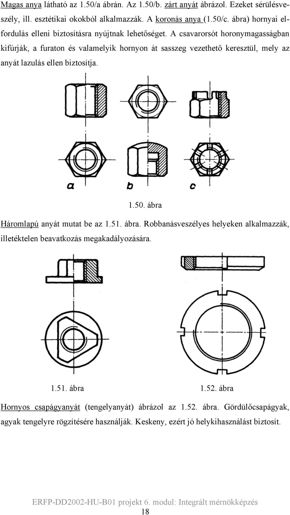 A csavarorsót horonymagasságban kifúrják, a furaton és valamelyik hornyon át sasszeg vezethető keresztül, mely az anyát lazulás ellen biztosítja. 1.50.