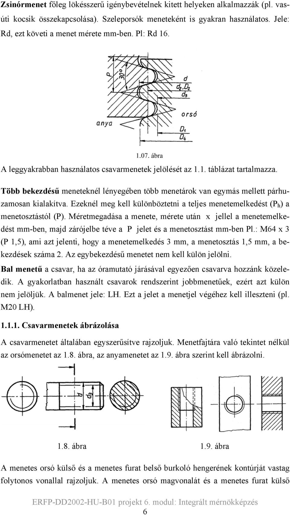 Ezeknél meg kell különböztetni a teljes menetemelkedést (P h ) a menetosztástól (P).