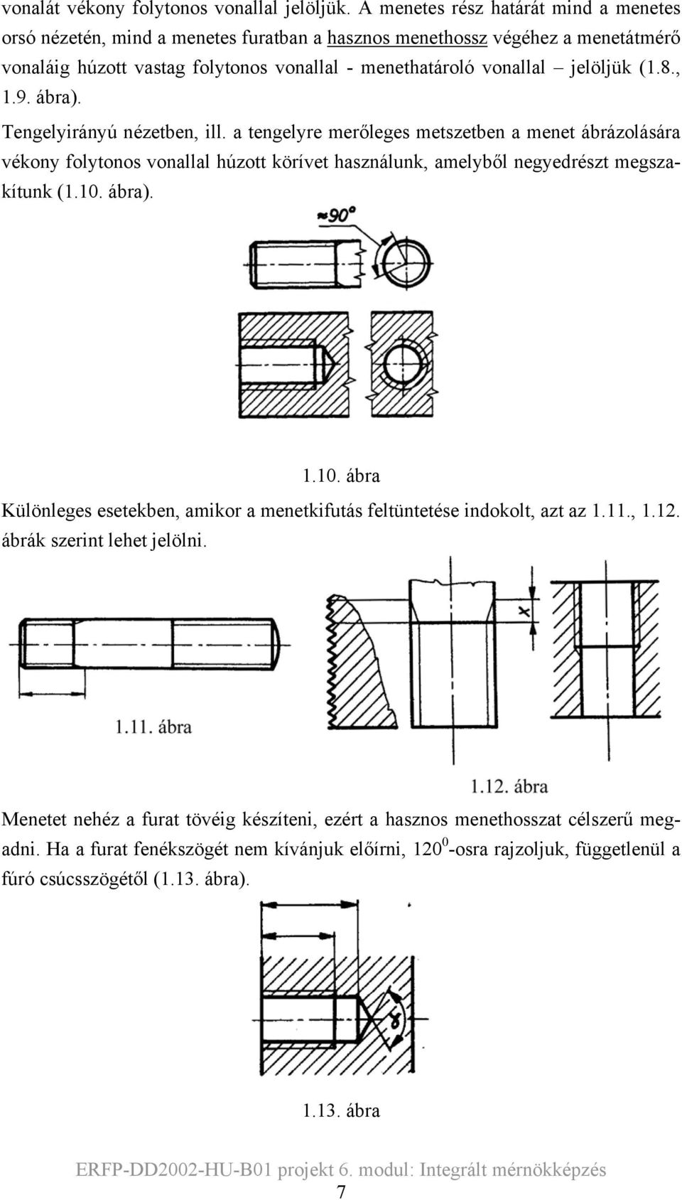 (1.8., 1.9. ábra). Tengelyirányú nézetben, ill. a tengelyre merőleges metszetben a menet ábrázolására vékony folytonos vonallal húzott körívet használunk, amelyből negyedrészt megszakítunk (1.10.