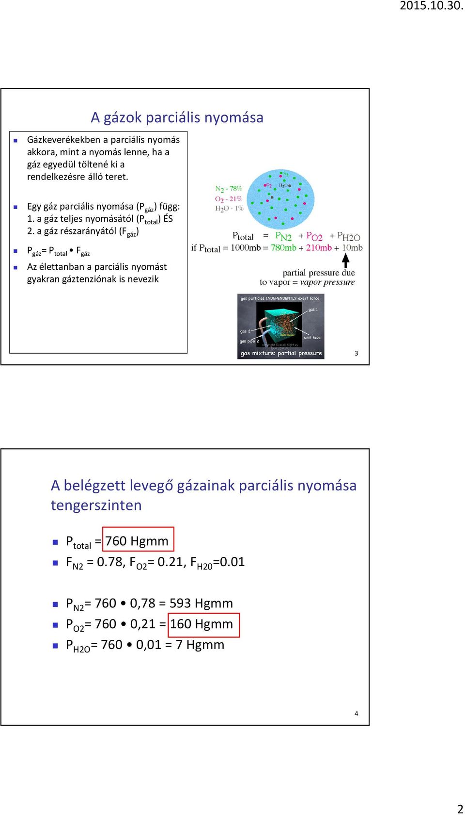 a gáz részarányától (F gáz ) P gáz = P total F gáz Az élettanban a parciális nyomást gyakran gáztenziónak is nevezik 3 A belégzett levegő
