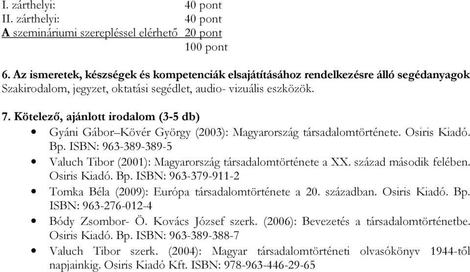 ISBN: 963-389-389-5 Valuch Tibor (2001): Magyarország társadalomtörténete a XX. század második felében. Osiris Kiadó. Bp. ISBN: 963-379-911-2 Tomka Béla (2009): Európa társadalomtörténete a 20.