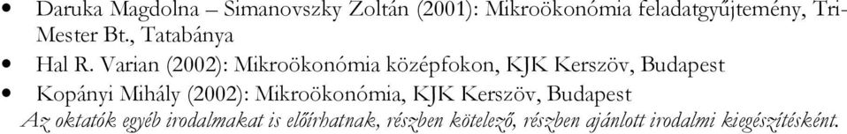 Varian (2002): Mikroökonómia középfokon, KJK Kerszöv, Budapest Kopányi Mihály