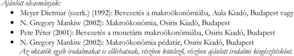 Gregory Mankiw (2002): Makroökonómia, Osiris Kiadó, Budapest Pete Péter (2001): Bevezetés a monetáris