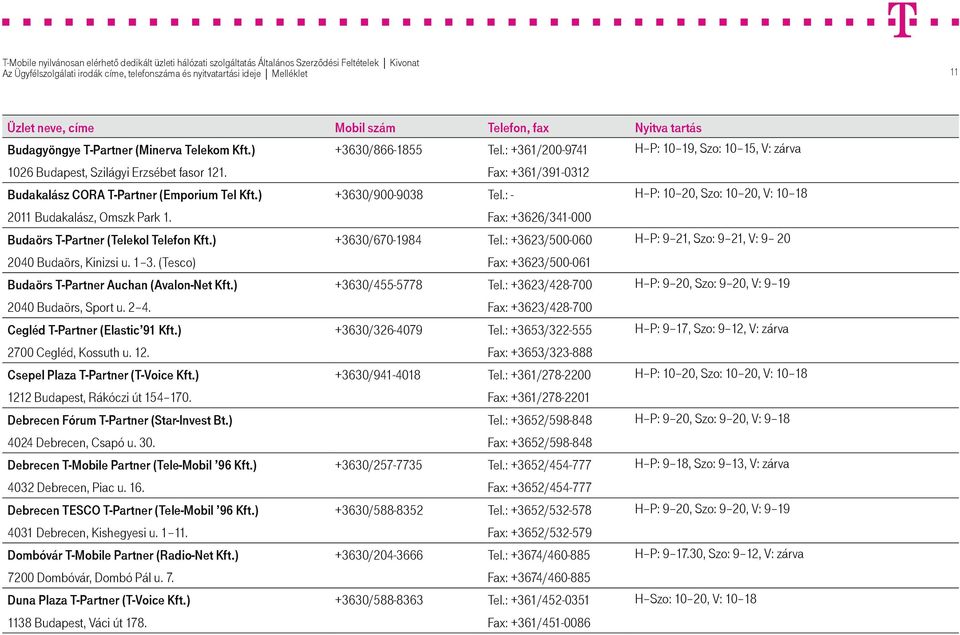 Fax: +3626/341-000 Budaörs T-Partner (Telekol Telefon Kft.) +3630/670-1984 Tel.: +3623/500-060 H P: 9 21, Szo: 9 21, V: 9 20 2040 Budaörs, Kinizsi u. 1 3.