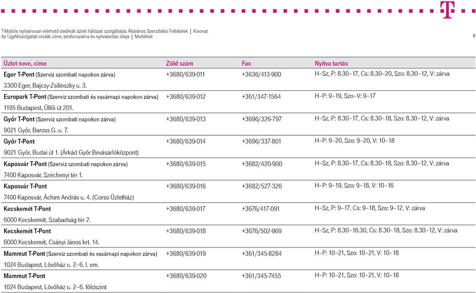 Győr T-Pont (Szerviz szombati napokon zárva) +3680/639-013 +3696/326-797 H Sz, P: 8.30 17, Cs: 8.30 18, Szo: 8.30 12, V: zárva 9021 Győr, Baross G. u. 7.