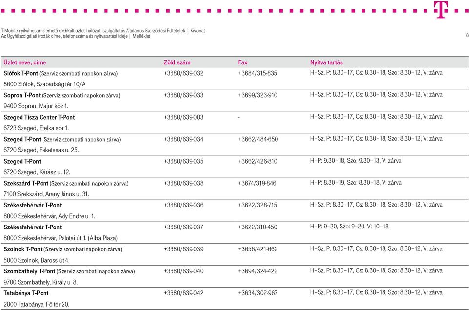 30 12, V: zárva 9400 Sopron, Major köz 1. Szeged Tisza Center T-Pont +3680/639-003 - H Sz, P: 8.30 17, Cs: 8.30 18, Szo: 8.30 12, V: zárva 6723 Szeged, Etelka sor 1.