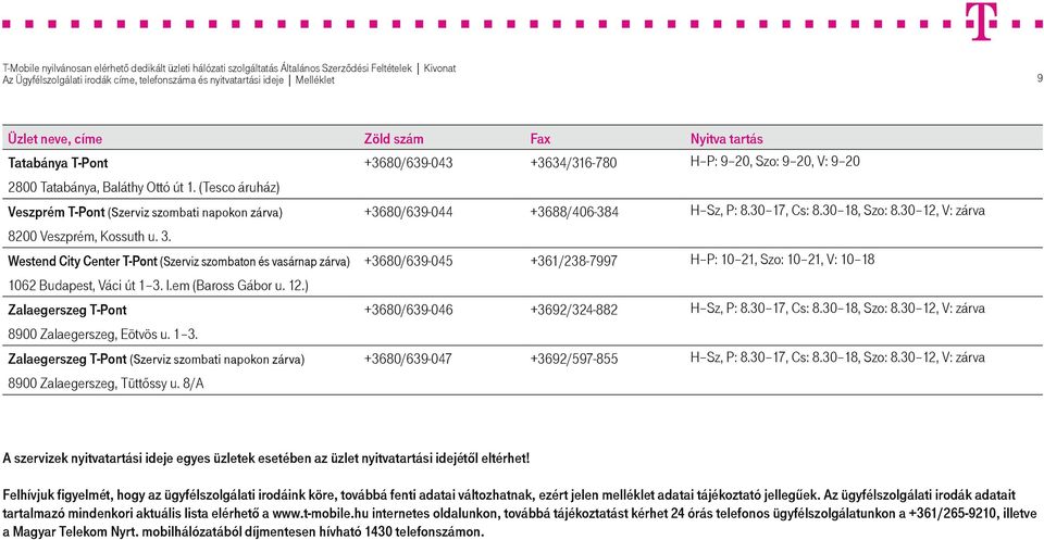 Westend City Center T-Pont (Szerviz szombaton és vasárnap zárva) +3680/639-045 +361/238-7997 H P: 10 21, Szo: 10 21, V: 10 18 1062 Budapest, Váci út 1 3. I.em (Baross Gábor u. 12.