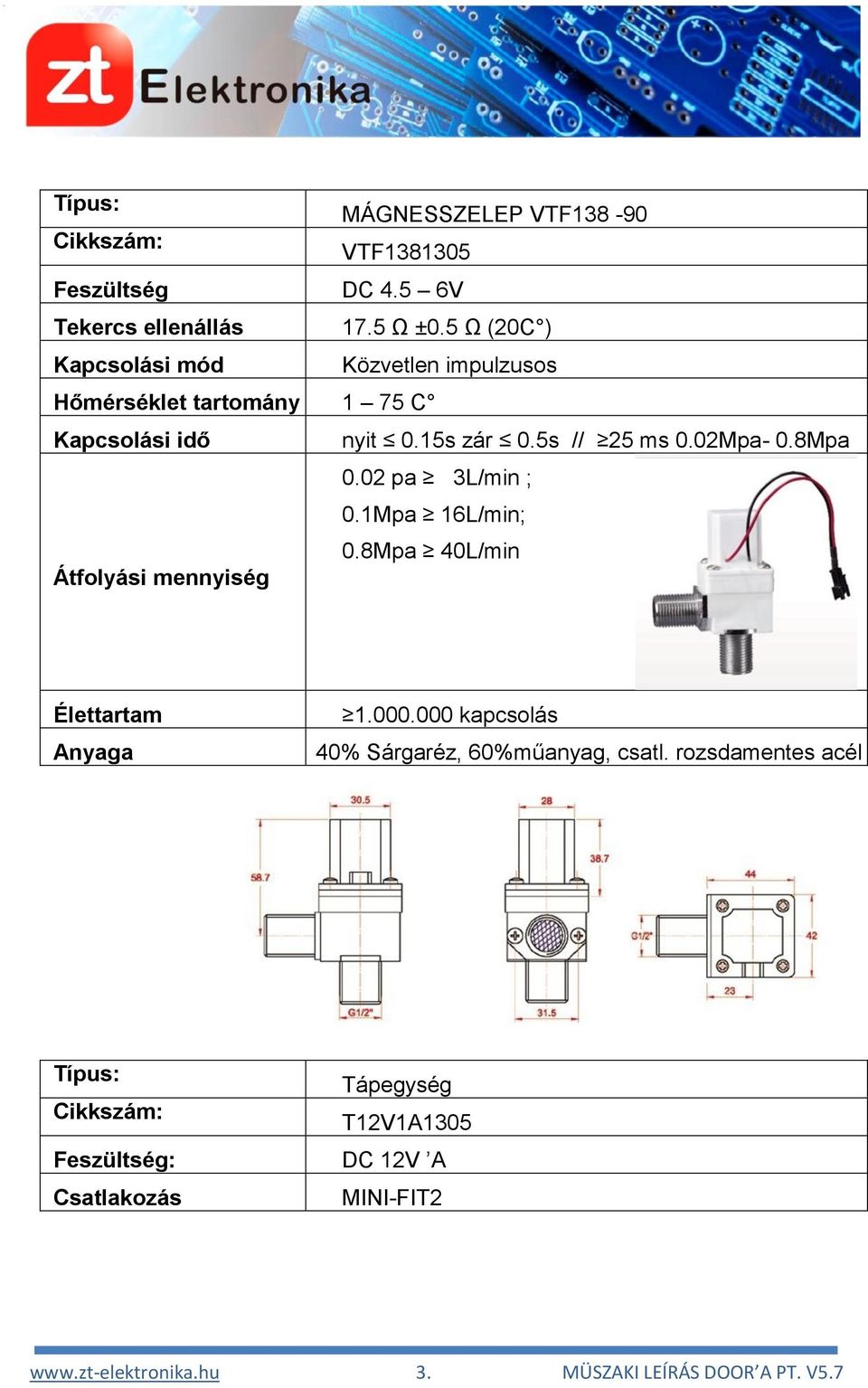 8Mpa 0.02 pa 3L/min ; 0.1Mpa 16L/min; 0.8Mpa 40L/min Átfolyási mennyiség Élettartam Anyaga 1.000.