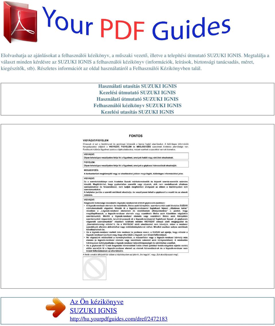 Az Ön kézikönyve SUZUKI IGNIS - PDF Ingyenes letöltés