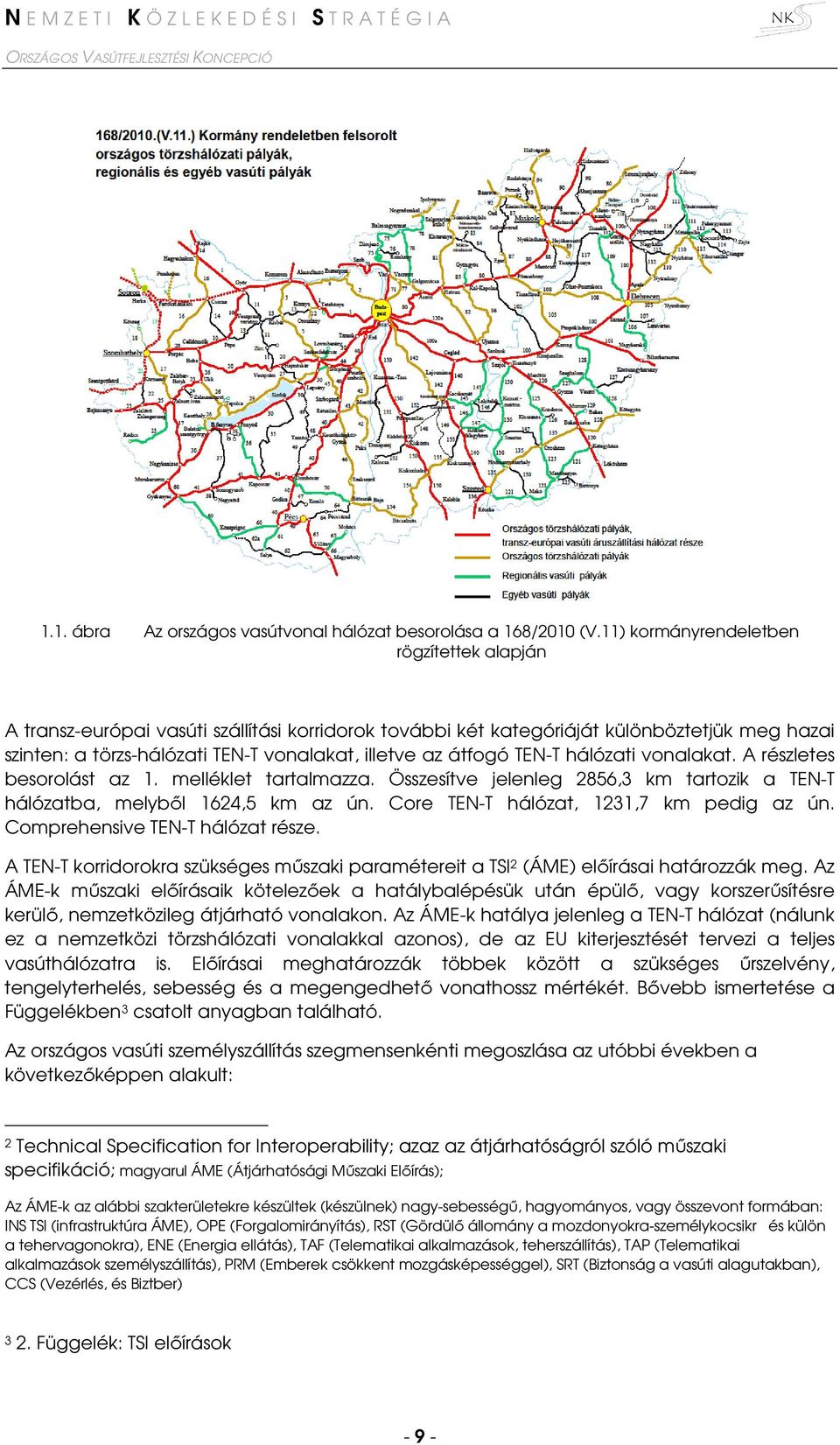 TEN-T hálózati vonalakat. A részletes besorolást az 1. melléklet tartalmazza. Összesítve jelenleg 2856,3 km tartozik a TEN-T hálózatba, melyből 1624,5 km az ún.