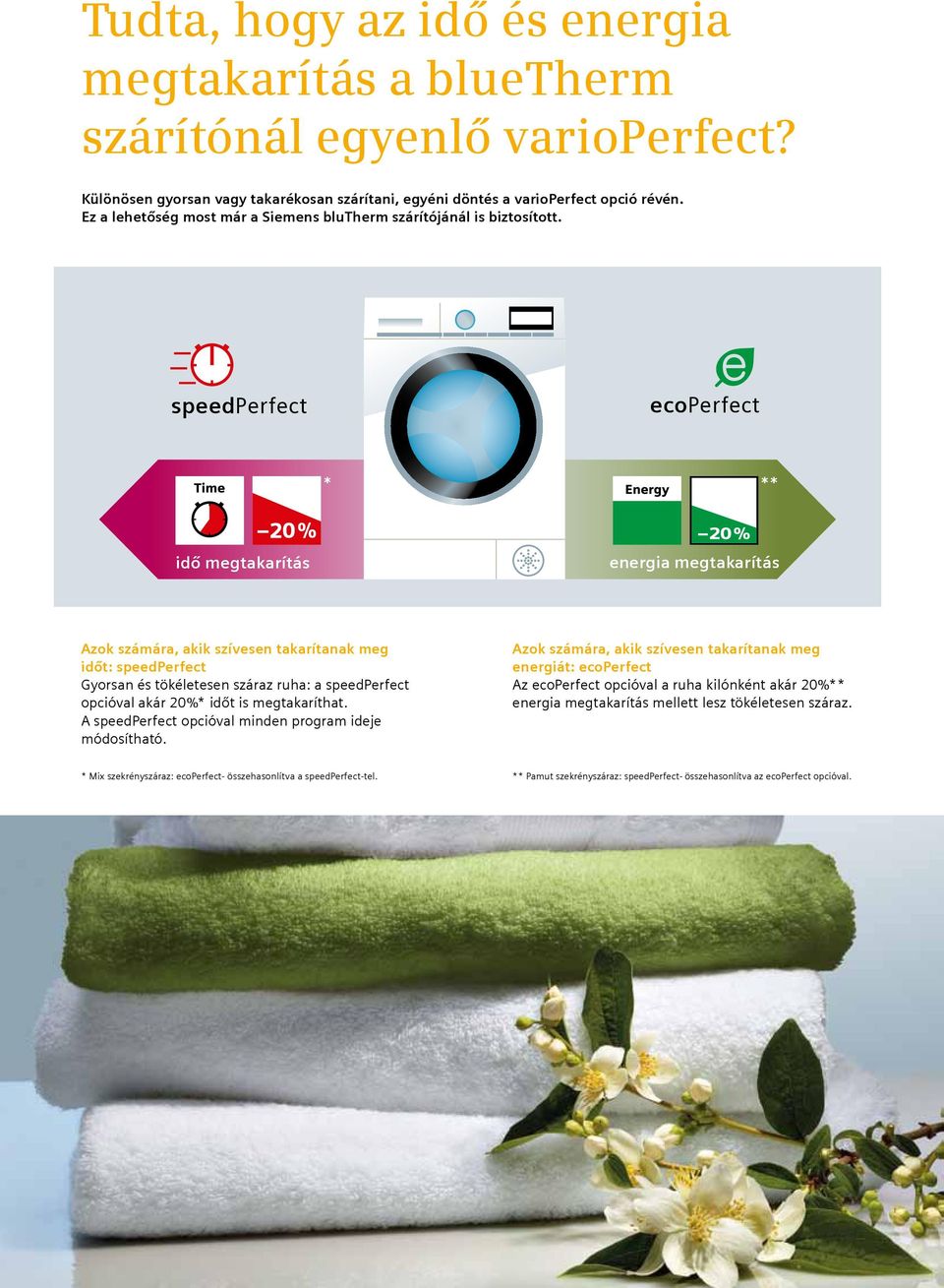 speedperfect ecoperfect * ** idő megtakarítás energia megtakarítás Azok számára, akik szívesen takarítanak meg időt: speedperfect Gyorsan és tökéletesen száraz ruha: a speedperfect opcióval akár 20%*