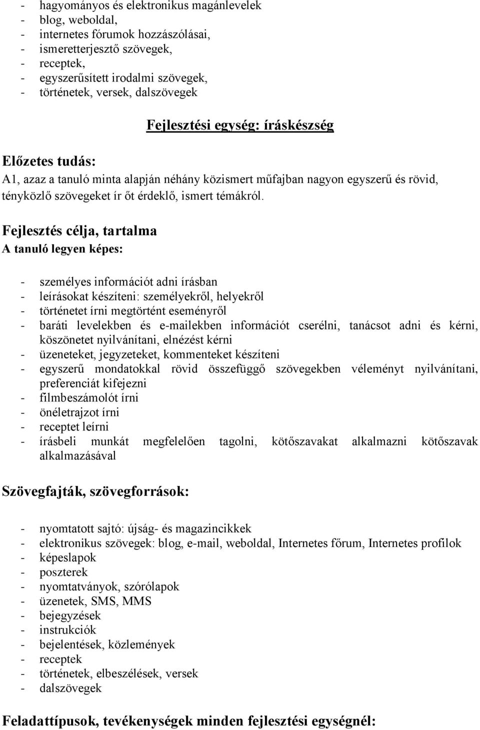 Fejlesztés célja, tartalma A tanuló legyen képes: - személyes információt adni írásban - leírásokat készíteni: személyekről, helyekről - történetet írni megtörtént eseményről - baráti levelekben és