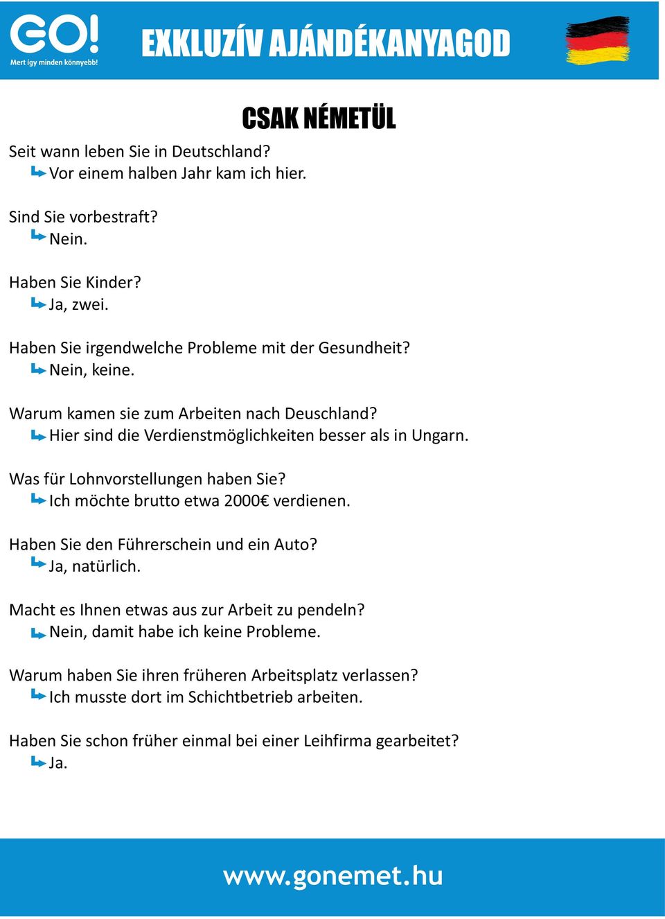 Was für Lohnvorstellungen haben Sie? Ich möchte brutto etwa 2000 verdienen. Haben Sie den Führerschein und ein Auto? Ja, natürlich.