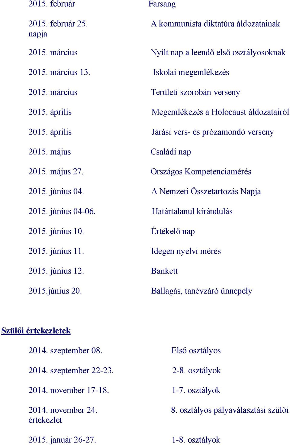 Országos Kompetenciamérés 2015. június 04. A Nemzeti Összetartozás Napja 2015. június 04-06. Határtalanul kirándulás 2015. június 10. Értékelő nap 2015. június 11. Idegen nyelvi mérés 2015. június 12.