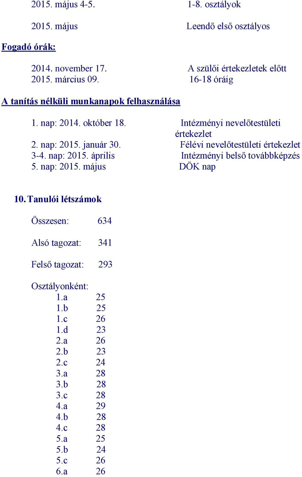 Félévi nevelőtestületi értekezlet 3-4. nap: 2015. április Intézményi belső továbbképzés 5. nap: 2015. május DÖK nap 10.