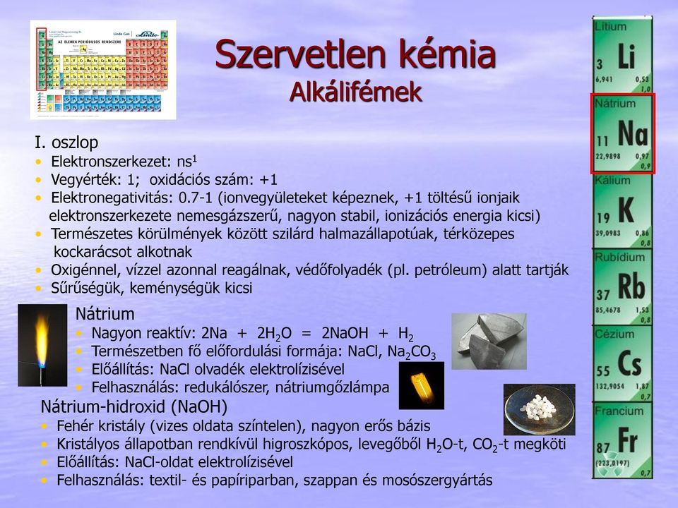 kockarácsot alkotnak Oxigénnel, vízzel azonnal reagálnak, védőfolyadék (pl.