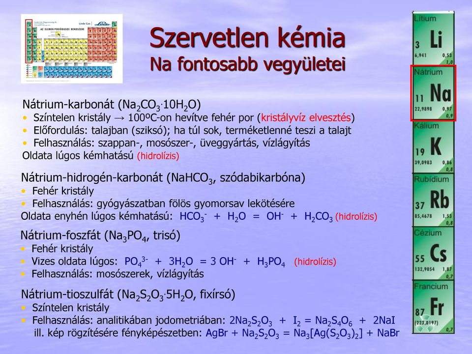vízlágyítás Oldata lúgos kémhatású (hidrolízis) Nátrium-hidrogén-karbonát (NaHCO 3, szódabikarbóna) Fehér kristály Felhasználás: gyógyászatban fölös gyomorsav lekötésére Oldata enyhén lúgos