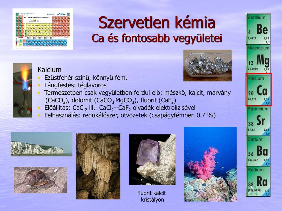 (CaCO 3 ), dolomit (CaCO 3. MgCO 3 ), fluorit (CaF 2 ) Előállítás: CaCl 2 ill.