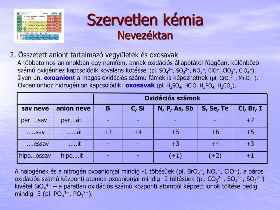 H 2 SO 4, HClO, H 3 PO 4, H 2 CO 3 ). Oxidációs számok sav neve anion neve B C, Si N, P, As, Sb S, Se, Te Cl, Br, I per..sav per.át - - - - +7..sav át +3 +4 +5 +6 +5.essav.