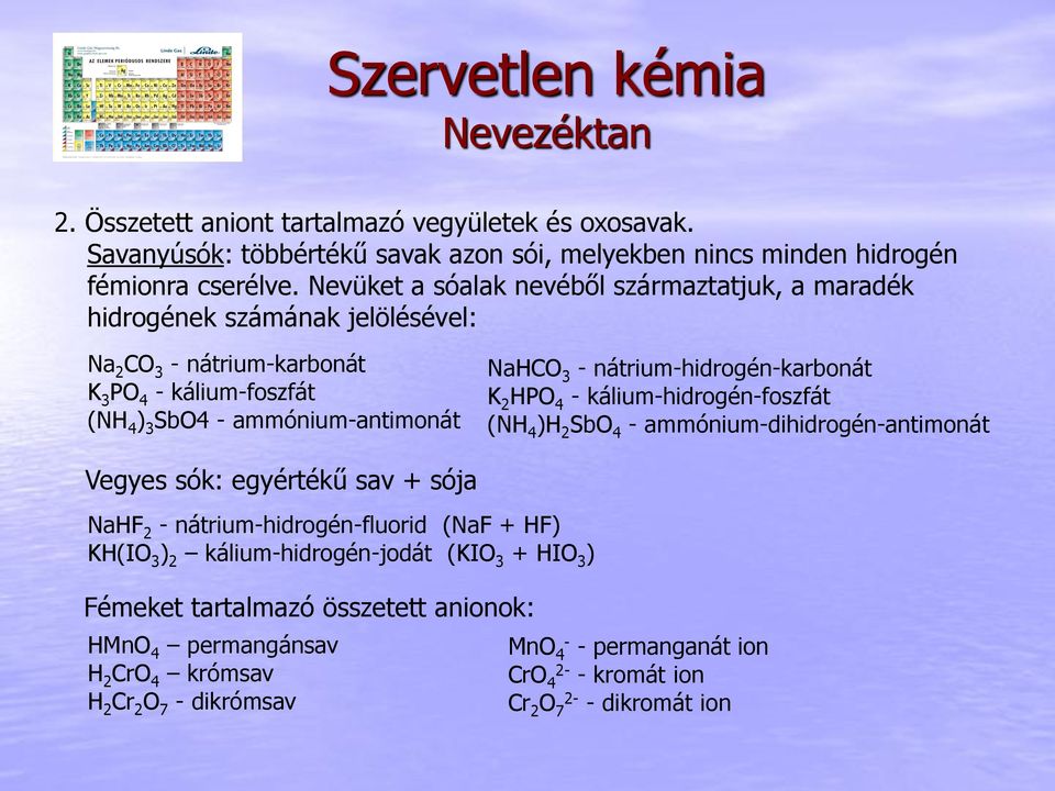 nátrium-hidrogén-karbonát K 2 HPO 4 - kálium-hidrogén-foszfát (NH 4 )H 2 SbO 4 - ammónium-dihidrogén-antimonát Vegyes sók: egyértékű sav + sója NaHF 2 - nátrium-hidrogén-fluorid (NaF + HF)