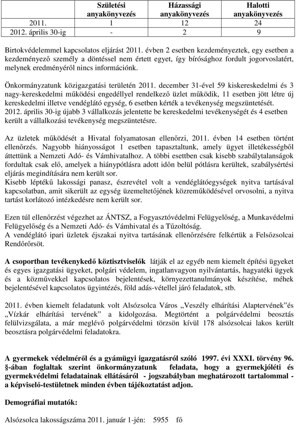 Önkormányzatunk közigazgatási területén 2011.