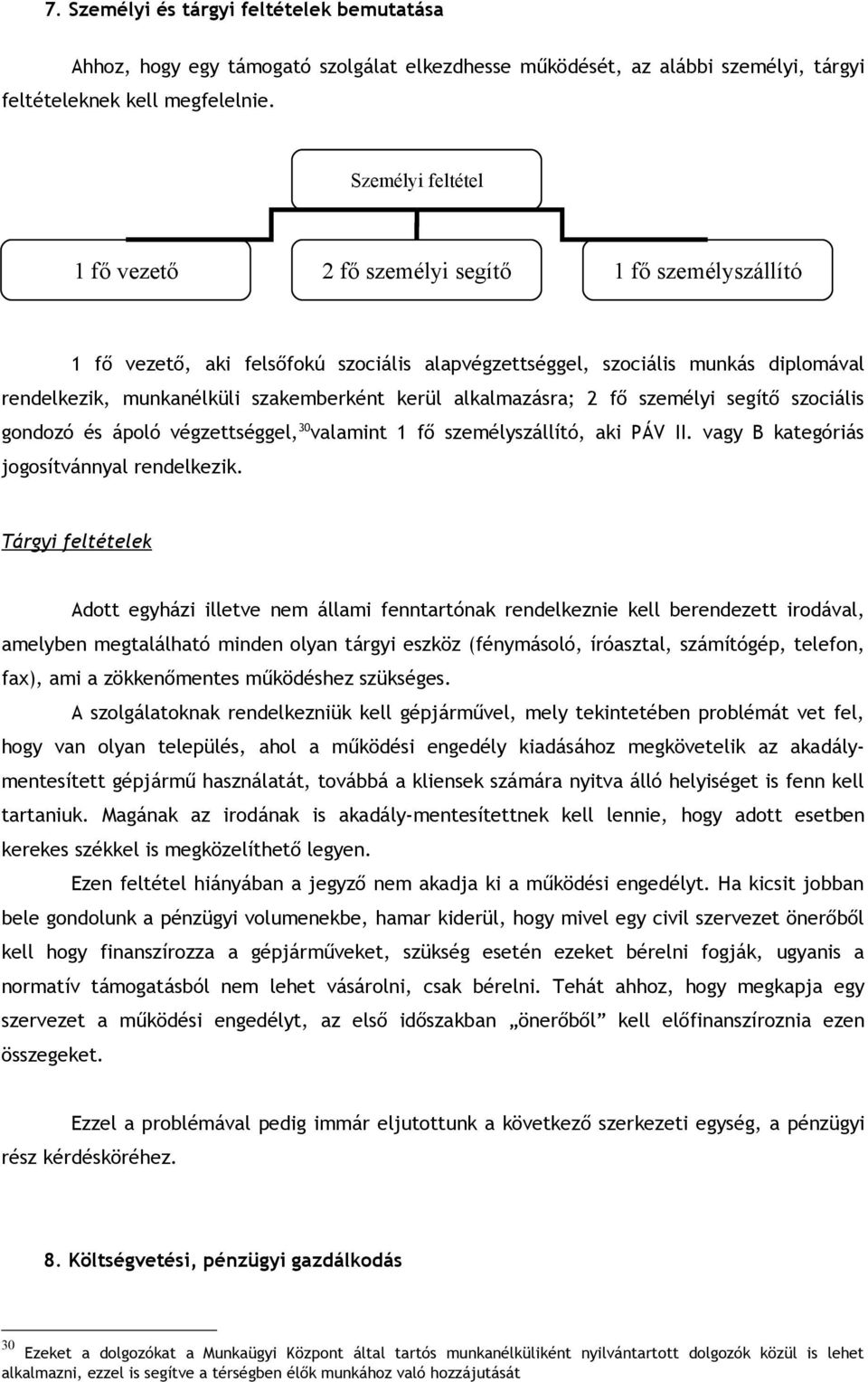kerül alkalmazásra; 2 fő személyi segítő szociális gondozó és ápoló végzettséggel, 30 valamint 1 fő személyszállító, aki PÁV II. vagy B kategóriás jogosítvánnyal rendelkezik.