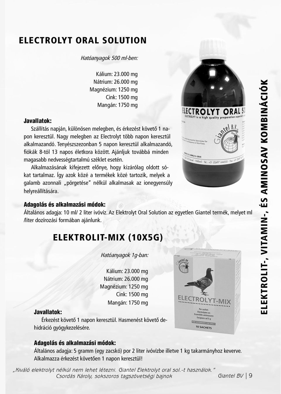 Nagy melegben az Electrolyt több napon keresztül alkalmazandó. Tenyészszezonban 5 napon keresztül alkalmazandó, fiókák 8-tól 13 napos életkora között.