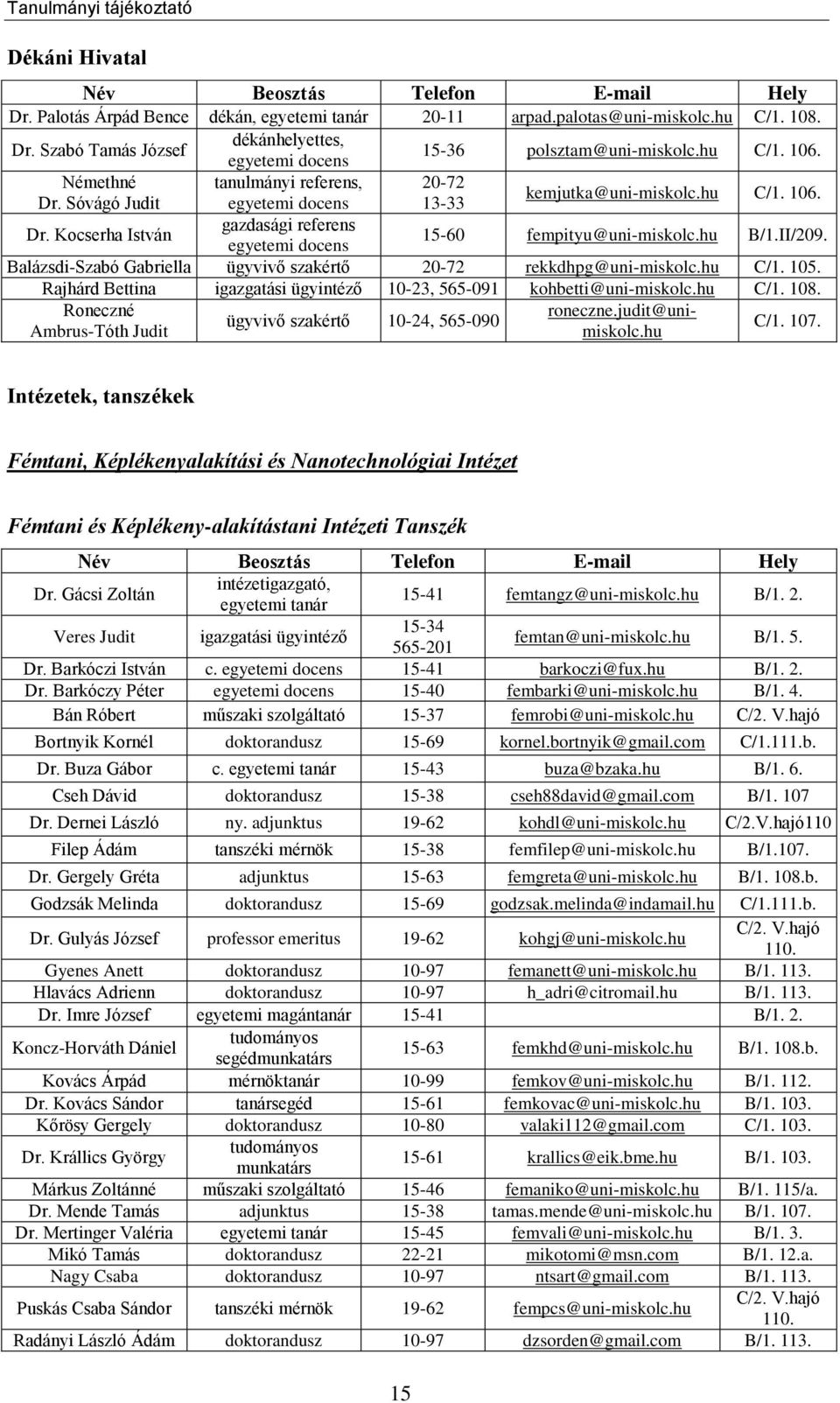 hu B/1.II/209. Balázsdi-Szabó Gabriella ügyvivő szakértő 20-72 rekkdhpg@uni-miskolc.hu C/1. 105. Rajhárd Bettina igazgatási ügyintéző 10-23, 565-091 kohbetti@uni-miskolc.hu C/1. 108.