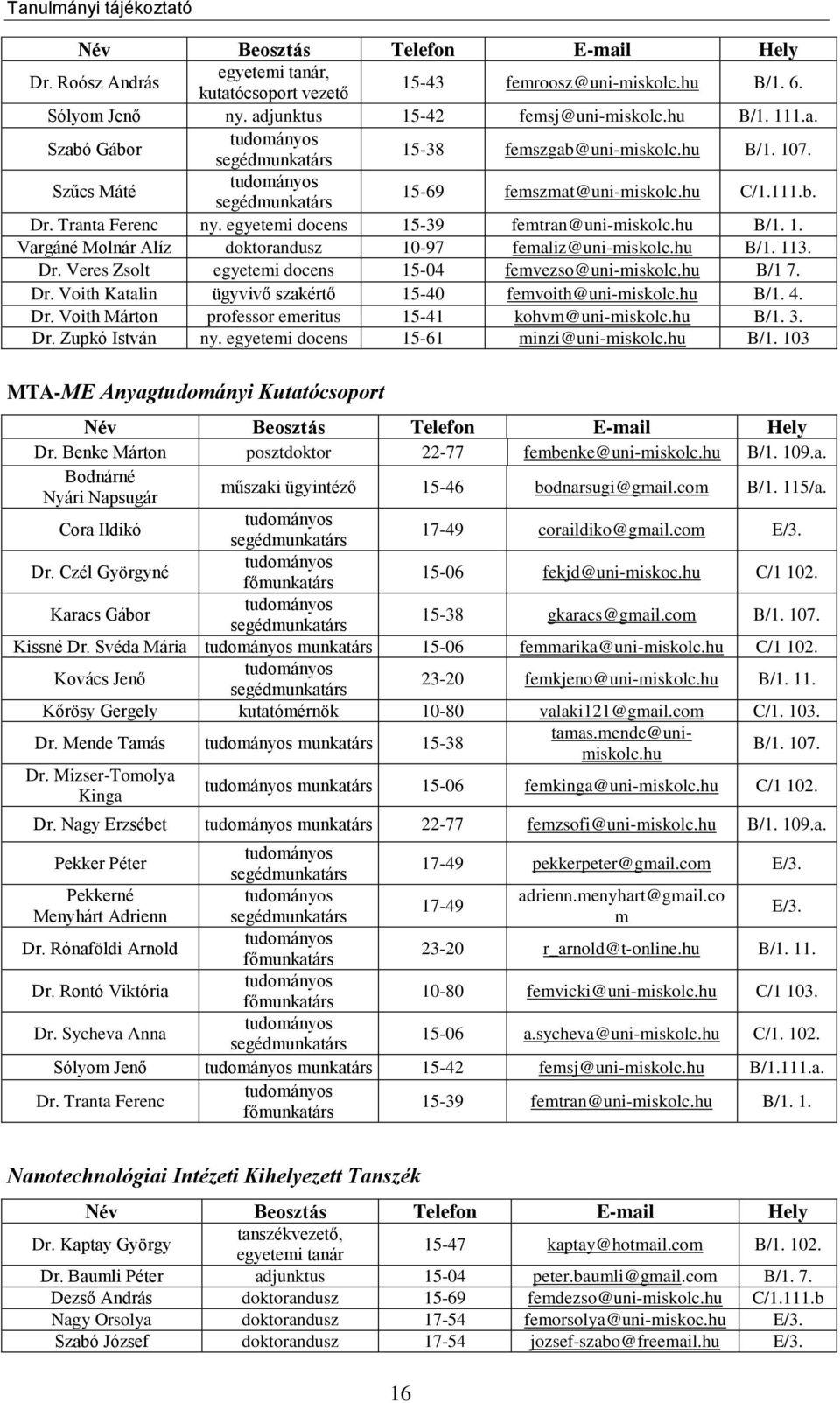 hu B/1. 113. Dr. Veres Zsolt egyetemi docens 15-04 femvezso@uni-miskolc.hu B/1 7. Dr. Voith Katalin ügyvivő szakértő 15-40 femvoith@uni-miskolc.hu B/1. 4. Dr. Voith Márton professor emeritus 15-41 kohvm@uni-miskolc.