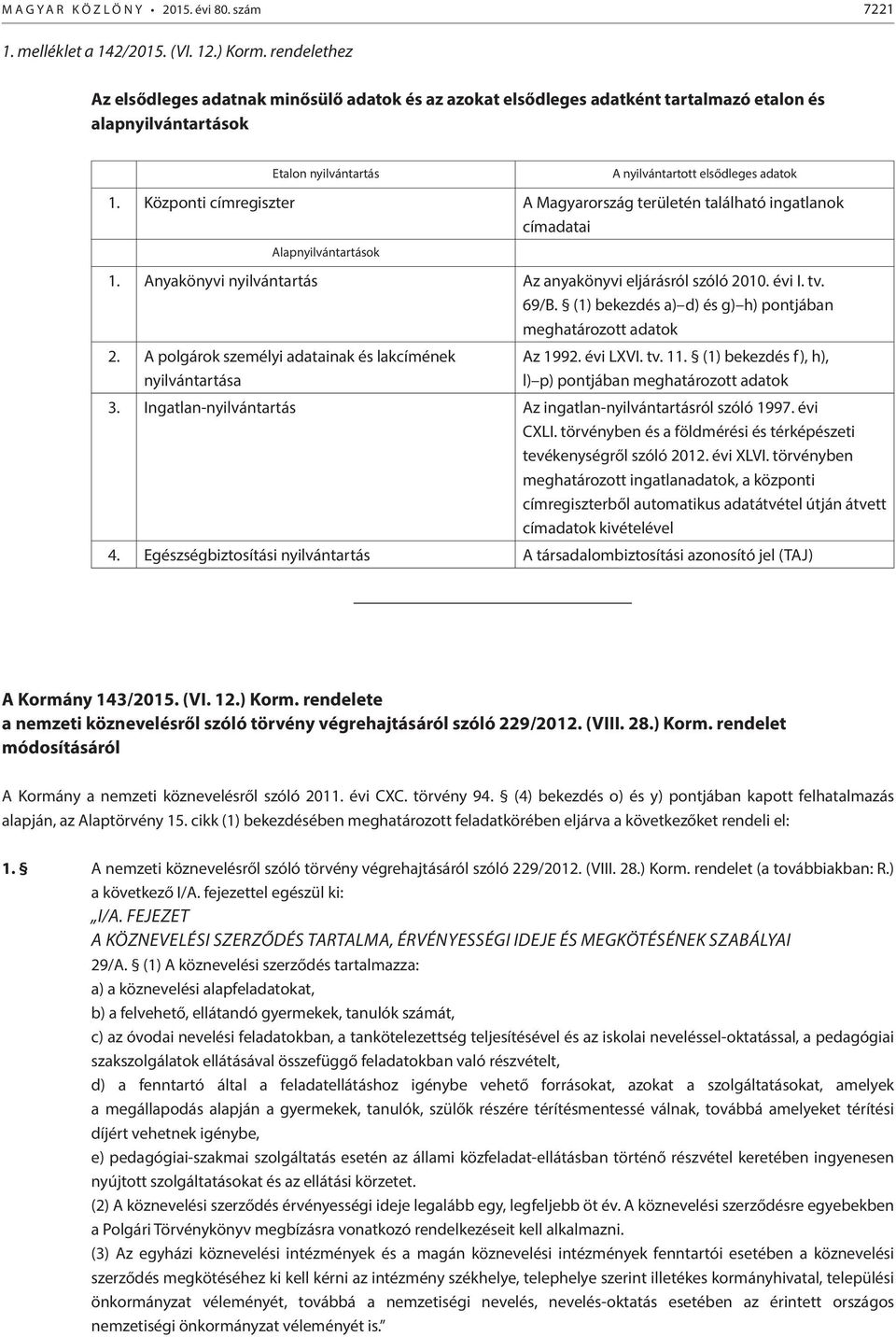 Központi címregiszter A Magyarország területén található ingatlanok címadatai Alapnyilvántartások 1. Anyakönyvi nyilvántartás Az anyakönyvi eljárásról szóló 2010. évi I. tv. 69/B.