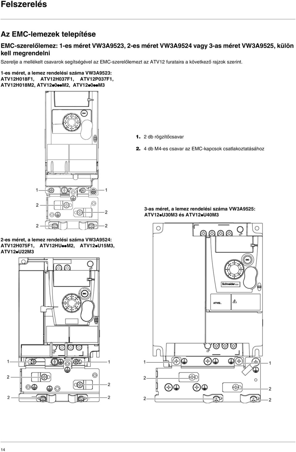 1-es méret, a lemez rendelési száma VW3A9523: ATV12H018F1, ATV12H037F1, ATV12P037F1, ATV12H018M2, ATV12p0ppM2, ATV12p0ppM3 1. 2 db rögzítőcsavar 2.