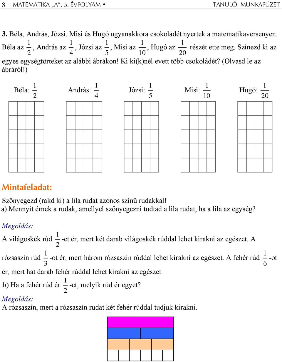 ) Béla: András: Józsi: Misi: 0 Hugó: 0 Mintafeladat: Szőnyegezd (rakd ki) a lila rudat azonos színű rudakkal! a) Mennyit érnek a rudak amellyel szőnyegezni tudtad a lila rudat ha a lila az egység?