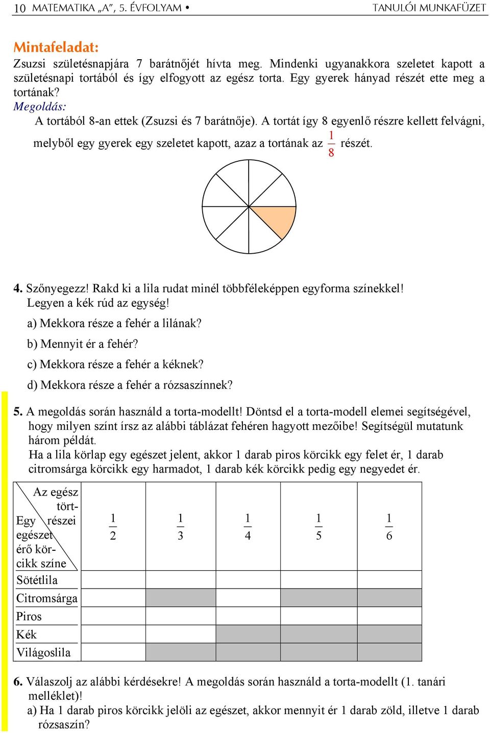 A tortát így 8 egyenlő részre kellett felvágni melyből egy gyerek egy szeletet kapott azaz a tortának az 8 részét.. Szőnyegezz! Rakd ki a lila rudat minél többféleképpen egyforma színekkel!