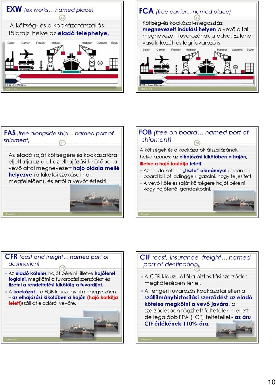 FAS (free alongside ship named port of shipment) 57 Az eladó saját költségére és kockázatára eljuttatja az árut az elhajózási kikötıbe, a vevı által megnevezett hajó oldala mellé helyezve (a kikötıi