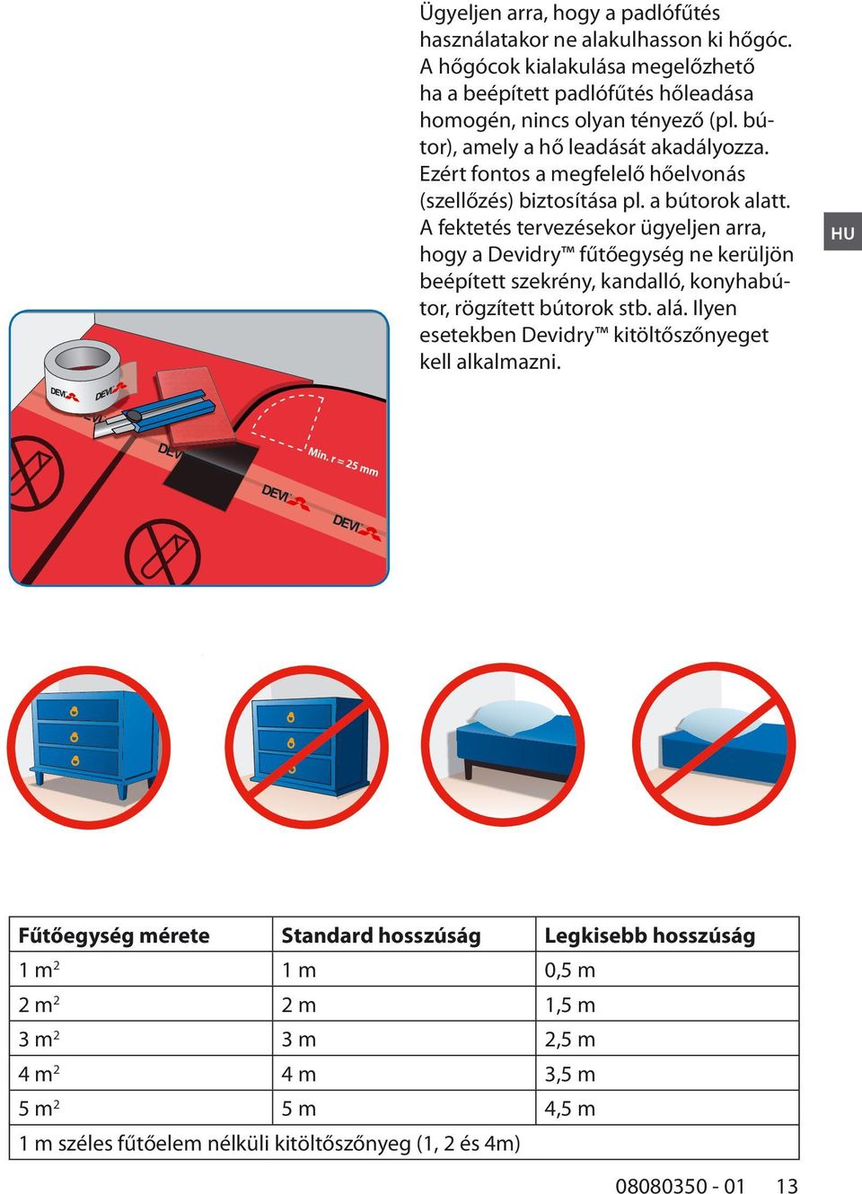 A fektetés tervezésekor ügyeljen arra, hogy a Devidry fűtőegység ne kerüljön beépített szekrény, kandalló, konyhabútor, rögzített bútorok stb. alá.