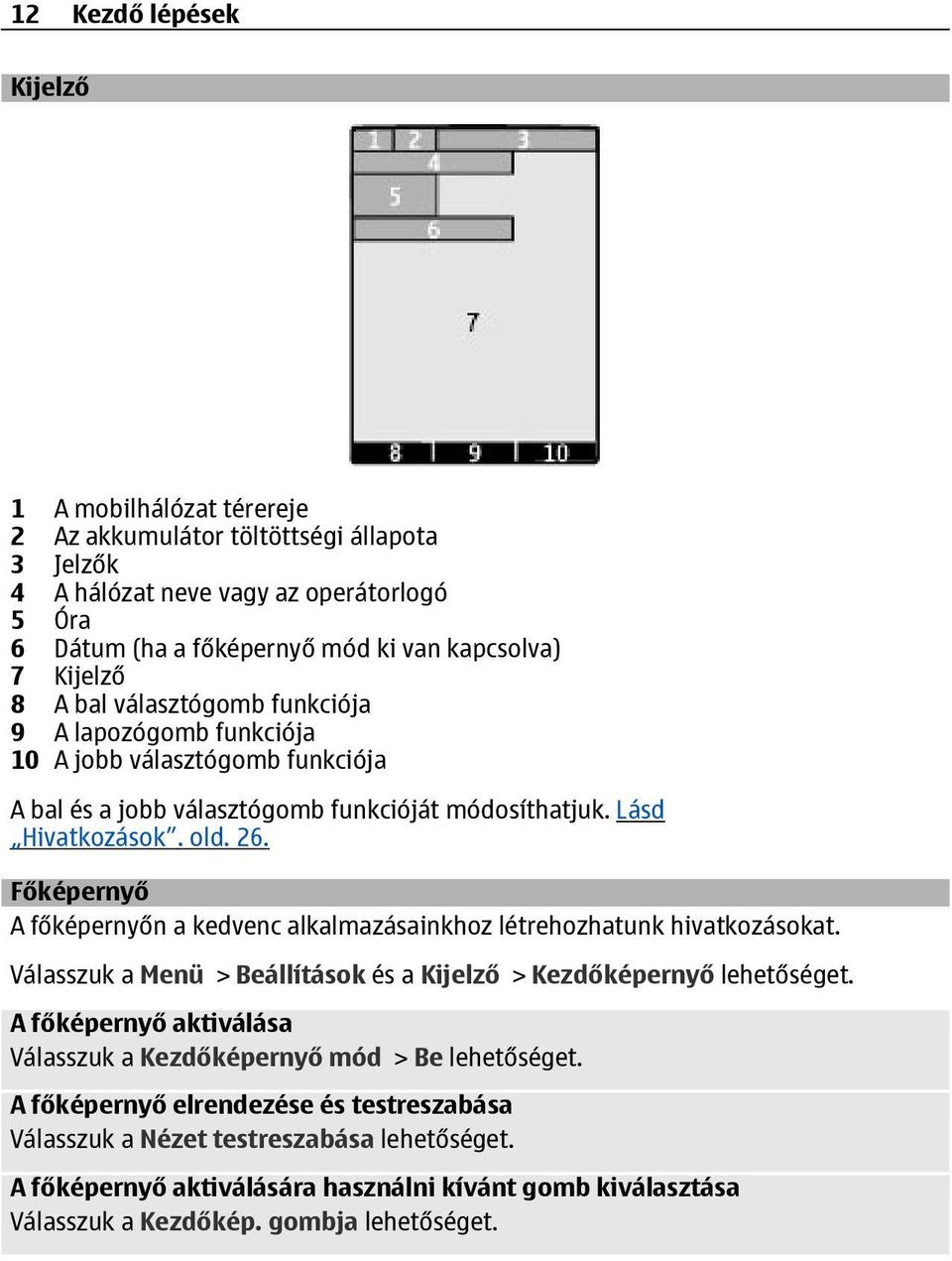 Főképernyő A főképernyőn a kedvenc alkalmazásainkhoz létrehozhatunk hivatkozásokat. Válasszuk a Menü > Beállítások és a Kijelző > Kezdőképernyő lehetőséget.