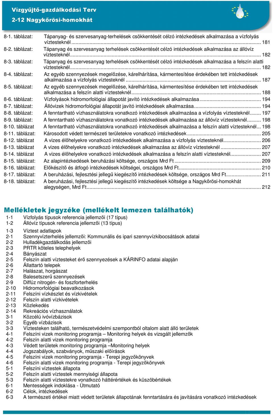 táblázat: Tápanyag és szervesanyag terhelések csökkentését célzó intézkedések alkalmazása a felszín alatti víztesteknél... 182 8-4.