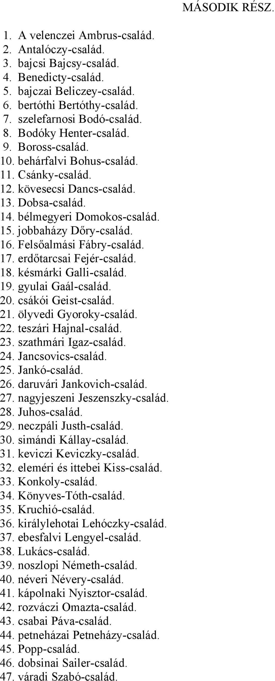 Felsőalmási Fábry-család. 17. erdőtarcsai Fejér-család. 18. késmárki Galli-család. 19. gyulai Gaál-család. 20. csákói Geist-család. 21. ölyvedi Gyoroky-család. 22. teszári Hajnal-család. 23.